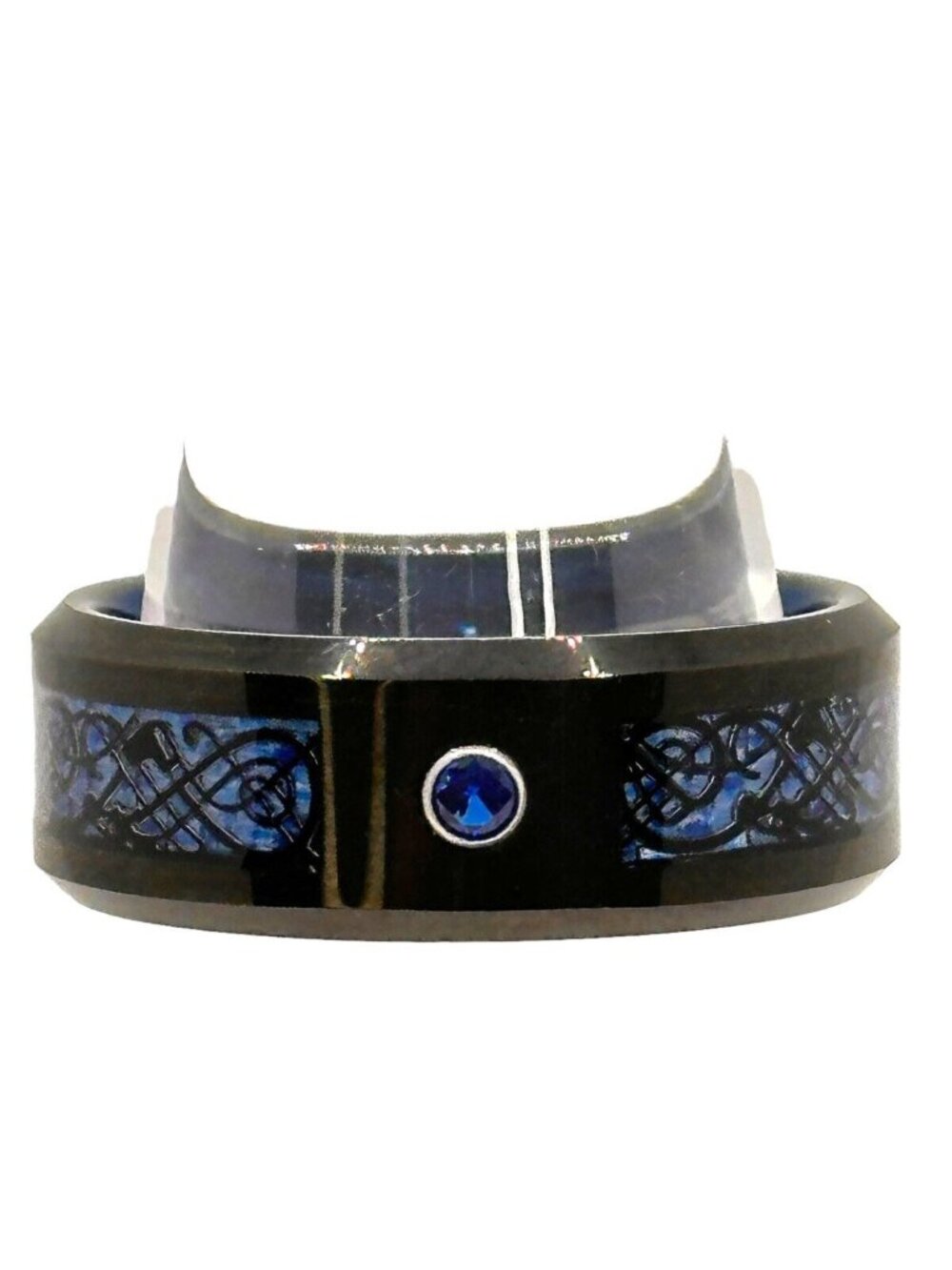 Black Tungsten Celtic Knot Ring With Blue Inlay & Sapphire Crystal Stone Mens Si